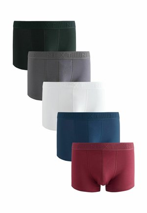 Fünf Paare Boxershorts in Dunkelgrün, Grau, Weiß, Marineblau und Burgunderrot. Hergestellt aus weichem Stoff und mit einem Logo-Bund-Design.