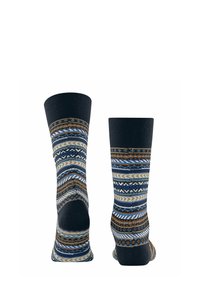 Calzini con motivo che presentano design geometrici in blu, marrone e crema. Realizzati in un materiale morbido e elastico con un orlo a coste.