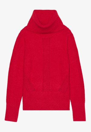 Red knitted turtleneck sweater featuring a ribbed texture, vertical detailing, and wide ribbed cuffs and hem. Soft, thick fabric.