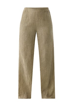 Hellbraune, strukturierte Weitbein-Hose mit leichtem Glanz. Verfügt über einen elastischen Bund und vertikale Falten für ein zusätzliches Design.