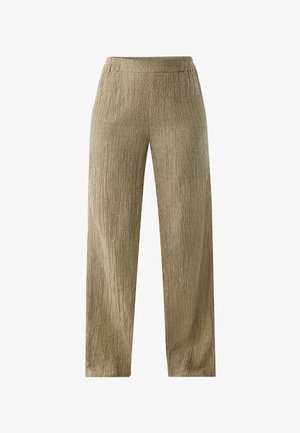 Hellbraune, strukturierte Weitbein-Hose mit leichtem Glanz. Verfügt über einen elastischen Bund und vertikale Falten für ein zusätzliches Design.