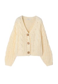 Cardigan crem cu tricot cu fir de cablu, cu decolteu în V, umeri căzuți, trei nasturi din lemn și manșete cu dantelă, având un design texturat, tricotat gros.