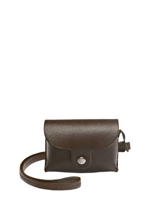 Borsa a tracolla in pelle marrone con chiusura a pattina, bottone a pressione argentato e una tracolla sottile. Texture liscia, forma rettangolare compatta.