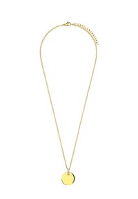 Gouden ketting met een dunne, ronde hanger. De ketting is delicaat, met een veersluiting en een verstelbare lengte.