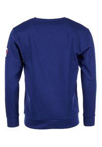 Navyblå sweatshirt med långa ärmar, rund halsringning och ribbade mudd. Har en logotyp på vänster ärm och en slät textilfinish.