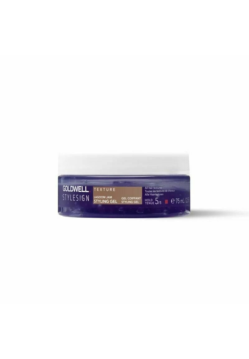 Goldwell Stylesign Lagoom Jam Styling Gel in een heldere, paarse pot met een witte deksel, gelabeld voor alle haartypes, met een inhoud van 75 mL.