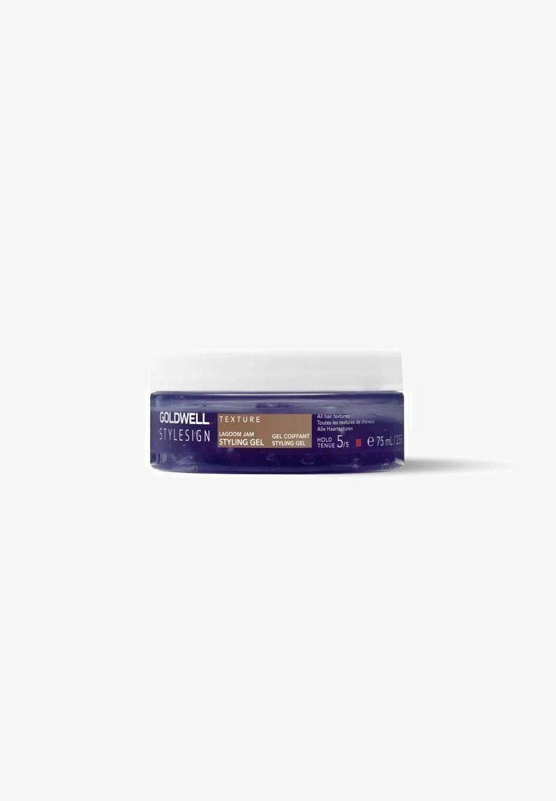 Goldwell Stylesign Lagoom Jam Styling Gel in een heldere, paarse pot met een witte deksel, gelabeld voor alle haartypes, met een inhoud van 75 mL.
