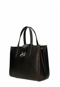 Bruine handtas van getextureerd leer met twee hengsels, een voorste gesp en gouden sierbeslag. Gestructureerde vorm, gladde afwerking en neutrale kleur.