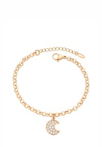 Bracciale in oro con charm a forma di luna crescente tempestato di piccole cristalli trasparenti e chiusura a gancio.