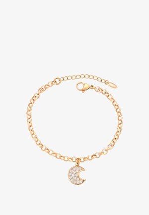 Bracciale in oro con charm a forma di luna crescente tempestato di piccole cristalli trasparenti e chiusura a gancio.