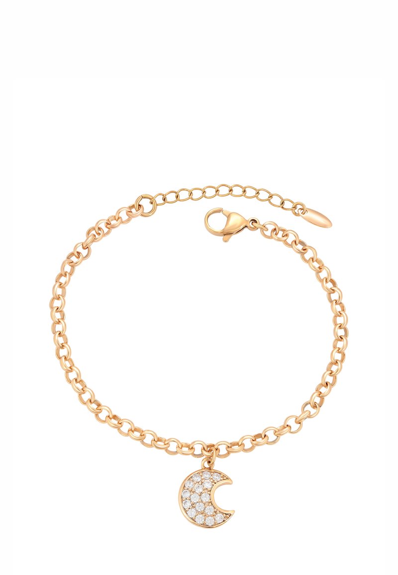 Bracciale in oro con charm a forma di luna crescente tempestato di piccole cristalli trasparenti e chiusura a gancio.