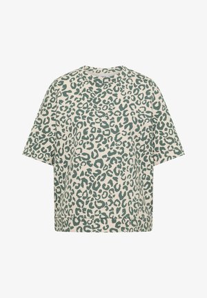 Beige kortærmet skjorte med løs pasform og grøn leopardprint, rund halsudskæring og lige kant.