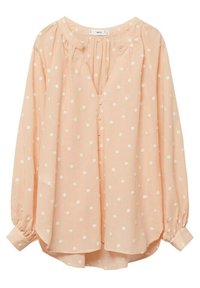 Perzikkleurige blouse met witte stippen, voorzien van lange mouwen, een V-hals, knopen aan de voorkant en plooitjes rond de halslijn.