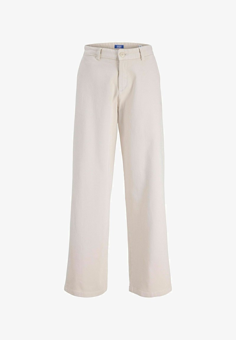 Bež široke hlače iz bombaža. Imajo gumbasto zapiranje, dva sprednja žepa in klasičen pasni dizajn. Gladka tekstura.
