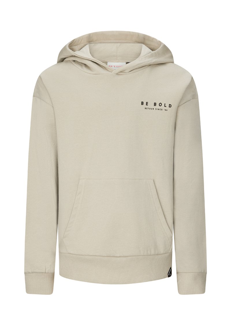 Felpa con cappuccio color beige chiaro, dotata di tasca a marsupio frontale e testo stampato "BE BOLD RETOUR SINCE '89" sul lato sinistro del petto.