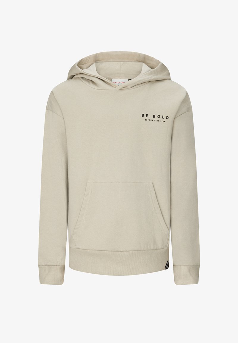 Felpa con cappuccio color beige chiaro, dotata di tasca a marsupio frontale e testo stampato "BE BOLD RETOUR SINCE '89" sul lato sinistro del petto.