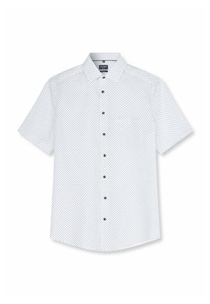 Chemise blanche à manches courtes avec petit motif de pois bleu marine, col classique et boutons bleu marine sur le devant.