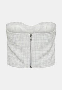 Στράπλες κοντό τοπ σε ανοιχτό μπλε και λευκό υφασμάτινο σχέδιο, με μπροστινό μεταλλικό φερμουάρ και χωρίς επένδυση στο εσωτερικό.