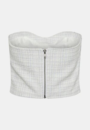 Līdz jostasvietai izgriezts tops bez piedurknēm gaiši zilā un baltā teksturētā audumā, kas aprīkots ar metāla rāvējslēdzēju priekšpusē un nav oderēts.