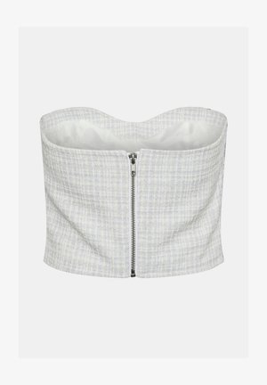 Līdz jostasvietai izgriezts tops bez piedurknēm gaiši zilā un baltā teksturētā audumā, kas aprīkots ar metāla rāvējslēdzēju priekšpusē un nav oderēts.