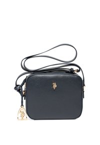 Schwarze Leder-Crossbody-Tasche mit strukturierter Oberfläche, goldenen Beschlägen und einem charakteristischen Logo. Mit abnehmbarem Schulterriemen und Reißverschluss.