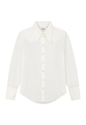 Fehér, hosszú ujjú, gombos ing hegyes gallérral és gyöngyszerű gombokkal, a Wrangler márkától, egyszerű háttéren bemutatva.