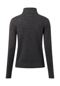 Donkergrijze trui met een hoge geribbelde kraag, lange mouwen en een textuur gebreid. Beschikt over een aansluitende tailleband en een gladde achterkant.