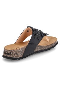 Schwarze Zehentrenner-Sandalen mit floralem Akzent, Kork-Innensohle, strukturiertem Außensohle und gepolstertem Fußbett für zusätzlichen Komfort.