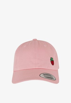 Pink baseball cap made of cotton, featuring an embroidered strawberry design on the front and an adjustable strap at the back.