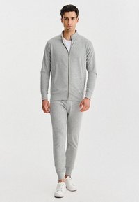 Mężczyzna idący do przodu w jasnoszarej bluzie zapinanej na zamek, dopasowanych spodniach dresowych, białych sneakersach i białym T-shircie.