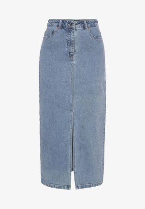 Denim skirt featuring a light blue color, mid-length design, front slit, classic five-pocket style, and metal hardware at the waist.