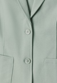 Blazer vert clair avec deux boutons et deux poches avant, montrant le col et une texture de tissu doux.