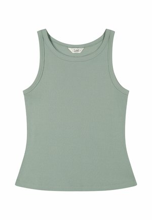 Värittyneen vihreä, hihaton ribbineulottu toppi, jossa pyöreä pääntie ja kevyt levennys helmassa, esitetty tasaisena valkoisella taustalla.