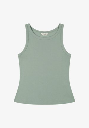 Débardeur côtelé sans manches en vert discret avec un col rond et une légère évasement à l'ourlet, présenté à plat sur un fond blanc.