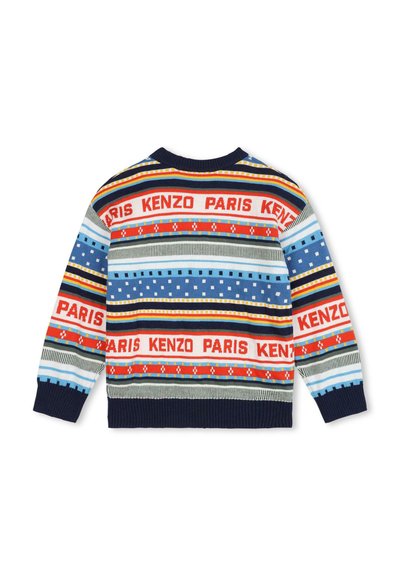 Pull en tricot avec des rayures horizontales bleues, rouges et vertes. Comprend le texte répété « KENZO PARIS ». Poignets et encolure côtelés.