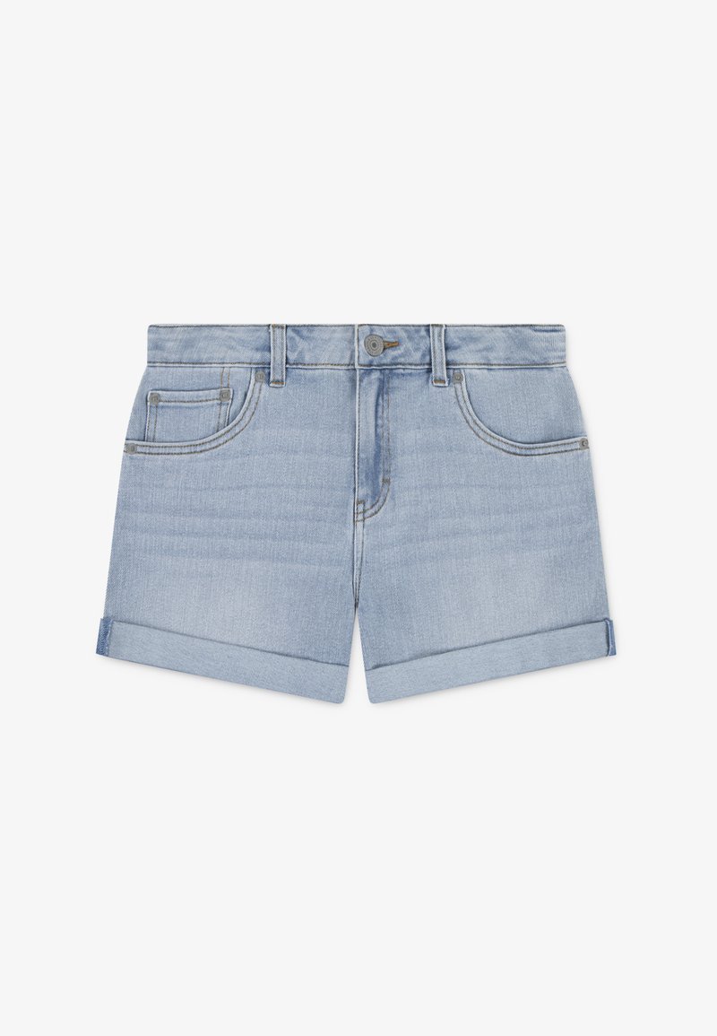 Τζιν σορτς σε ανοιχτό μπλε χρώμα με ομαλή υφή, ίσια κοπή, γυρισμένη ραφή και σχεδιασμό με πέντε τσέπες, με μεταλλικό κουμπί κλεισίματος.