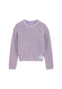 Suéter de punto en tonos morado y rosa con mangas largas, cuello redondo y dobladillo acanalado. Presenta una etiqueta que dice "Te envío amor."