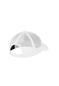 Gorra snapback blanca con panel frontal sólido y parte trasera de malla, que cuenta con un visera curva y correa ajustable para un ajuste seguro.