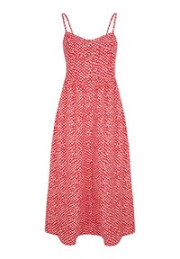 Rotes Kleid mit weißen Punkten, Spaghetti-Trägern, tailliertem Oberteil und Knopfleiste. Schlagrock und leichtes Material.