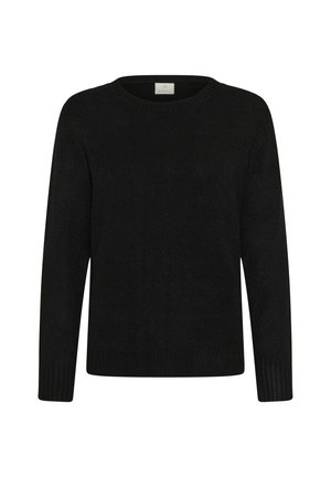 Pulover negru cu guler rotund, mâneci lungi și tiv elastic. Material tricotat moale, cu un design simplu, fără modele sau accente.