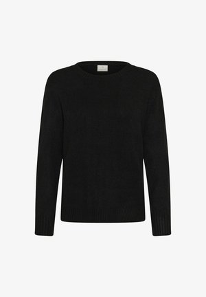 Pull noir avec un col rond, des manches longues et un ourlet côtelé. Matière en tricot douce, présentant un design simple sans motifs ni accents.
