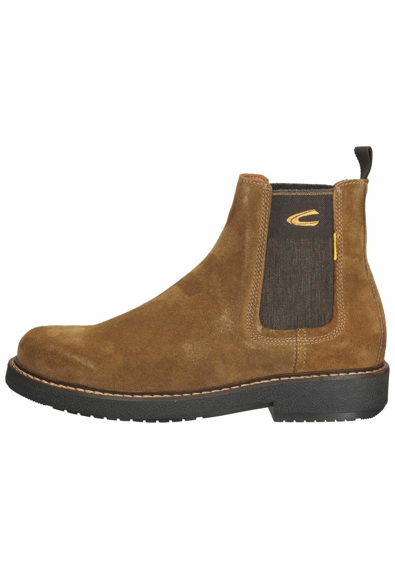 Braune Wildleder-Ankle-Boots mit elastischen Seiteneinsätzen, Gummisohle und einem Zugband. Verfügt über kontrastierende Nähte und eine strukturierte Stoffeinlage.