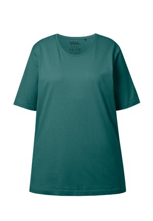 Türkisfarbenes, kurzärmeliges, Rundhals-Baumwoll-T-Shirt mit lockerem Schnitt, vor weißem Hintergrund präsentiert.