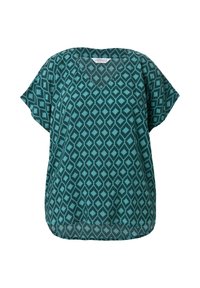 Blouse courte à manches courtes de couleur turquoise affichant un motif en losanges de différentes nuances. Encolure ronde et coupe décontractée, avec un ourlet droit.