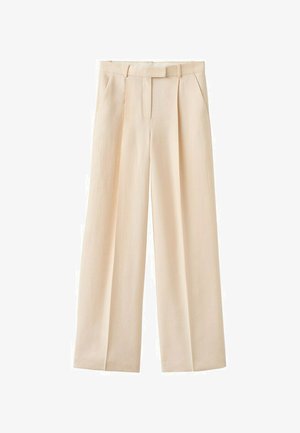 Beige hoge taille wijde broek met ceintuurlussen, voorplooien en zijzakken, geschikt voor formele of casual gelegenheden.