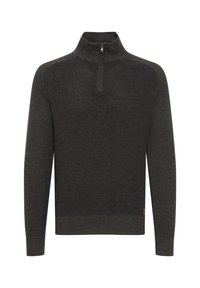 Pull-over en maille gris foncé avec col zippé au quart, manches longues, ourlet côtelé et tissu texturé, présentant de subtiles variations de motifs.
