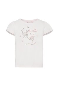 Witte katoenen t-shirt met korte pofmouwen. Heeft een bedrukt ontwerp van twee speelse katten en kleine bloemaccenten in zachte kleuren.