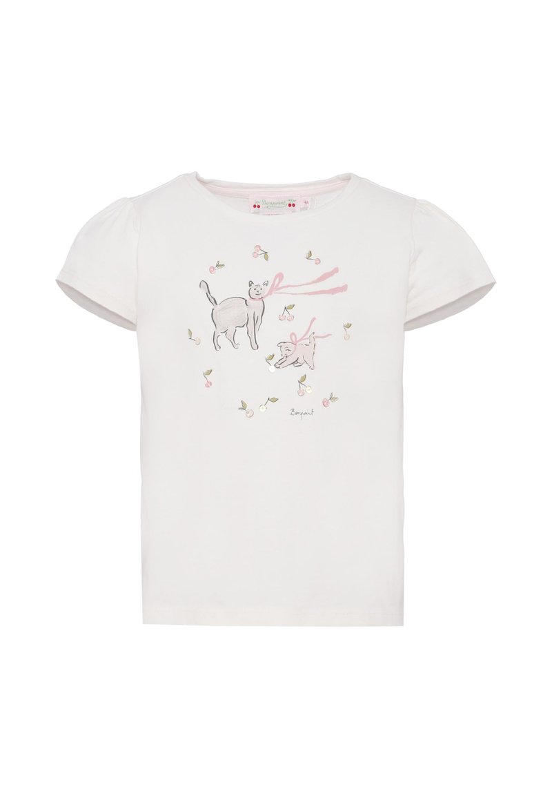 Witte katoenen t-shirt met korte pofmouwen. Heeft een bedrukt ontwerp van twee speelse katten en kleine bloemaccenten in zachte kleuren.