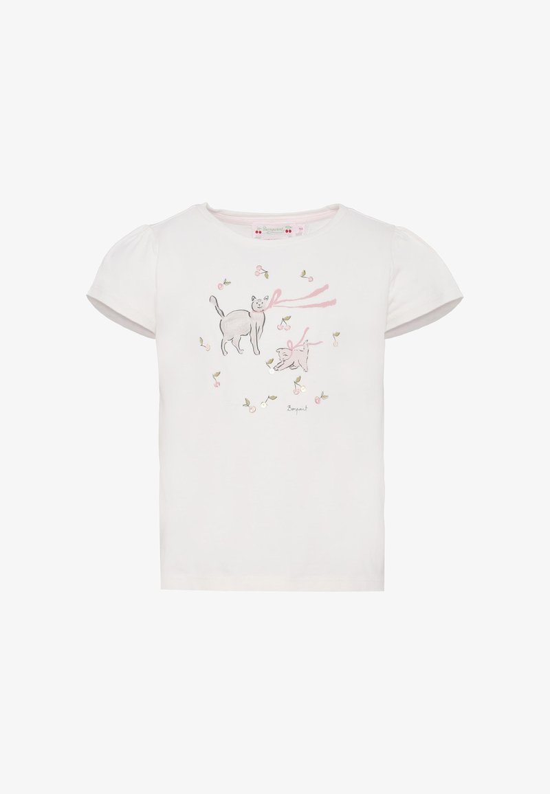 Witte katoenen t-shirt met korte pofmouwen. Heeft een bedrukt ontwerp van twee speelse katten en kleine bloemaccenten in zachte kleuren.