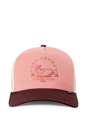Pink and brown trucker cap with mesh sides, featuring a bird sitting in a coffee cup and the text "Lazy Sunday Coffee Club" on the front.